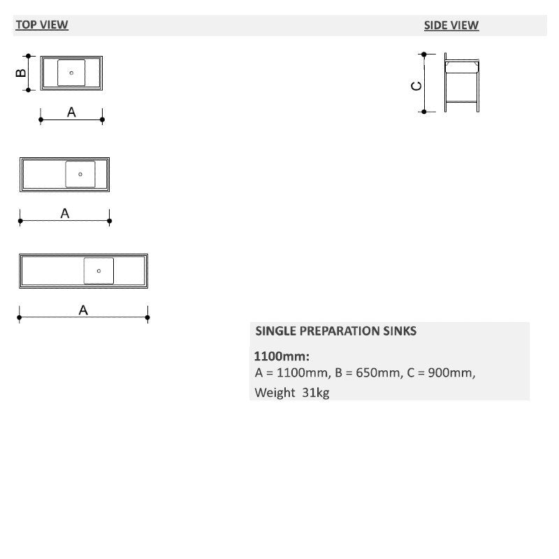 Single Bowl Prep Sink - 1100x650x900mm